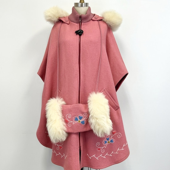 Vintage 70s Embroidered Wool Hooded Cape With Fur Muff - Size