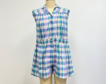 Vintage 80s Plaid Romper  | Short Jumpsuit in Pastel Plaid Cotton | Sizes Medium