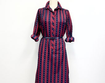 Vintage 80s Equestrian Shirt Dress | Belted Hunting Horn Print Dress | Size 16