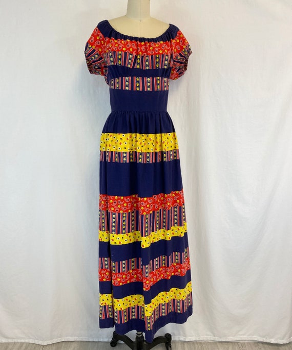 70s Peasant Maxi Dress | Off the Shoulder | Bright