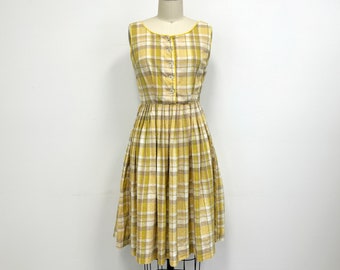 Vintage 60s Fit and Flare Dress | Yellow Plaid Swiss Dot Sleeveless Dress | Size Small