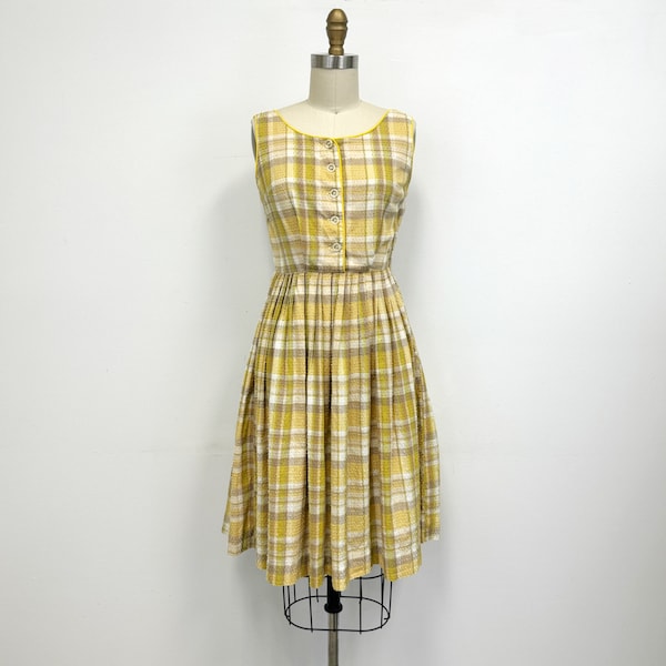 Vintage 60s Fit and Flare Dress | Yellow Plaid Swiss Dot Sleeveless Dress | Size Small