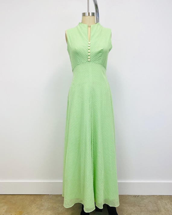 Vintage 1970s Swiss Dot Maxi Dress: Green Embroidered Sash, Deep V Neck | Size 12