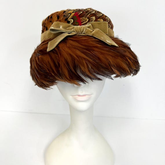 Vintage 1950s Pheasant Feather Cocktail Hat - Green Velvet 