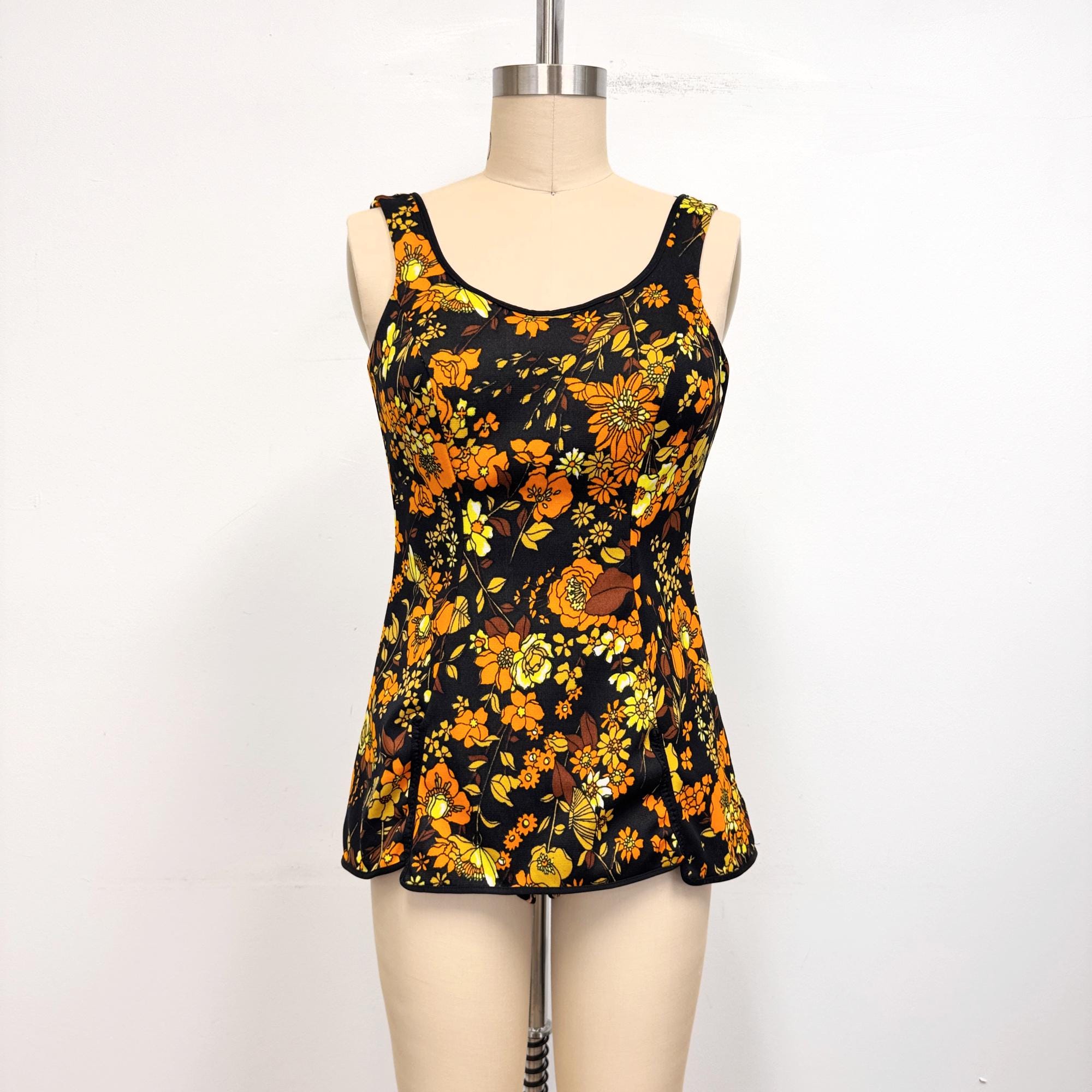 Vintage 60s Floral One Piece Swimsuit: Black & Orange, Size 14