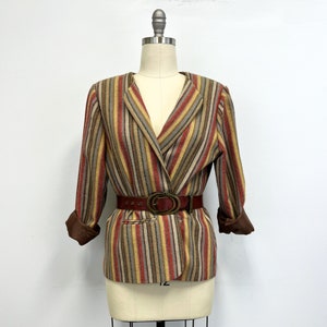 Vintage Striped  Jacket | Womens 1980s Collarless Wool Blend Blazer | Plus Size