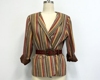 Vintage Striped  Jacket | Womens 1980s Collarless Wool Blend Blazer | Plus Size