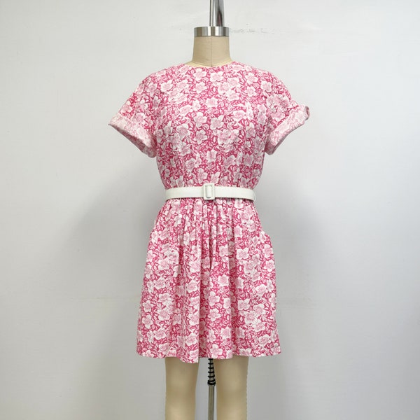 Vintage 80s Floral Romper | Pink and White Short Jumpsuit with Pockets | Size Large