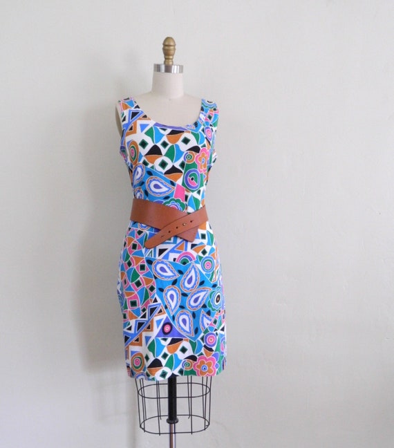 1980s Tank Dress  | Vintage Body Con Tribal Print… - image 1