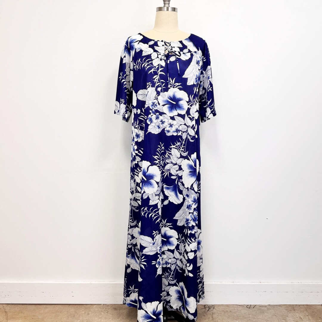 Vintage 70s Hawaiian Maxi Dress | Blue and White Floral Dress | Size ...