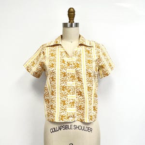 Blusa corta vintage de los años 60 / Estampado de dragón dorado / Talla pequeña