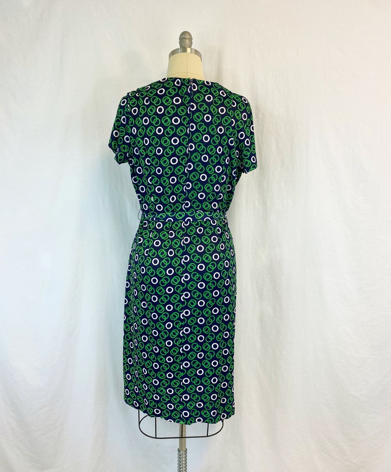 70s Shift Dress with Jacket Size Medium to Large Vintage Belted Dress in Navy Blue and Green