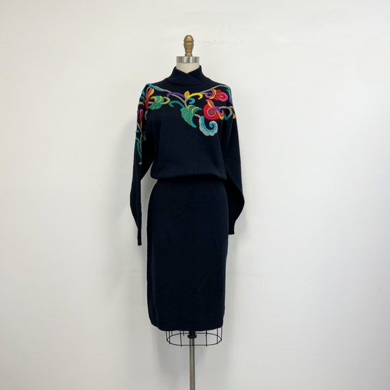 Vintage 70s Sweater Dress  | Embroidered Black Dr… - image 8