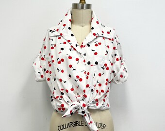 Vintage 70s Cherry Print Camp Shirt | Collared Short Sleeve Blouse | Size Large