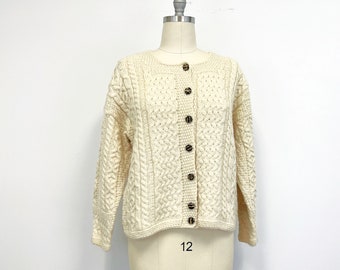 Vintage Aran Cardigan Sweater | 80s Pure Wool Sweater in Ecru | Made in Ireland | Size Medium