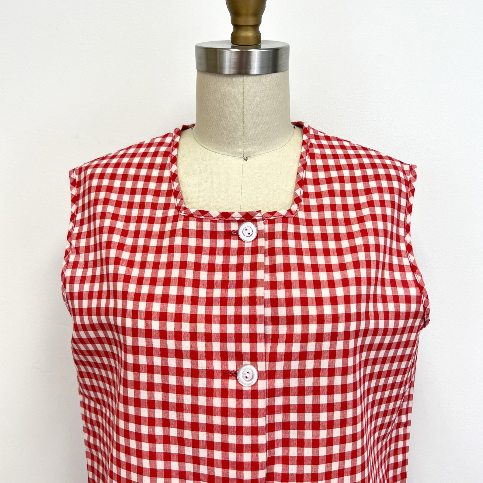 Vintage Gingham Smock Top 1970s Red and White Sleeveless Shirt With ...