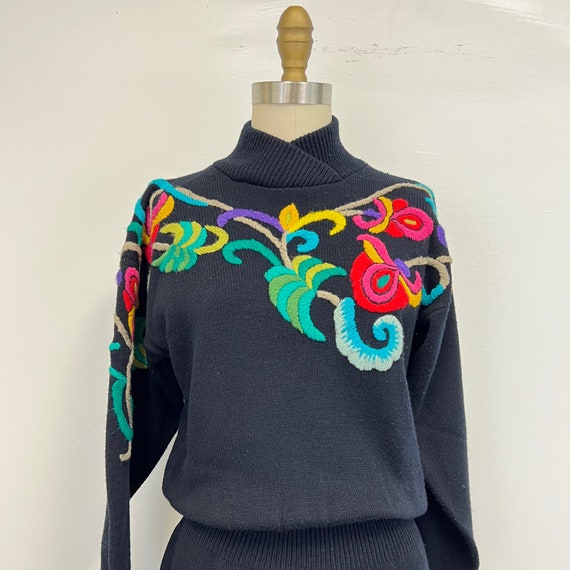 Vintage 70s Sweater Dress  | Embroidered Black Dr… - image 2
