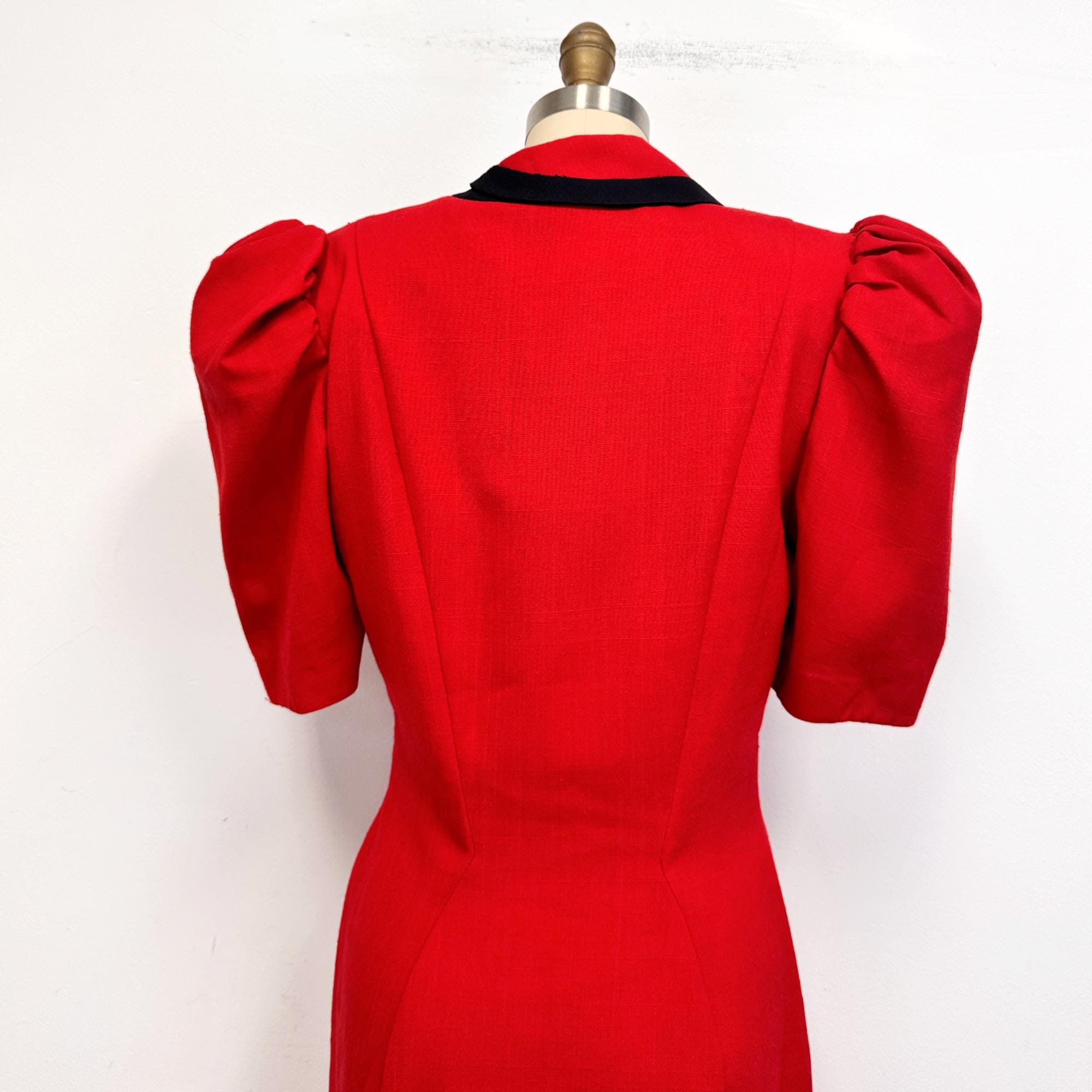 Vintage 90s Red and Black Sheath Dress | Shoulder Pads and Frog Closures | Size 10