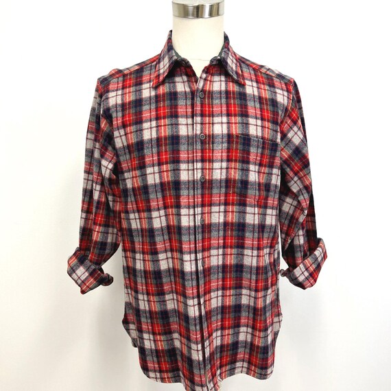 Vintage 70s Pendleton Wool Shirt: Plaid Button Down, Navy
