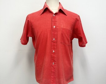 Vintage 70s Mens Button Down Shirt | Red and White Polka Dot Short Sleeve Shirt | Size Large