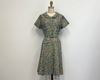 Vintage 60s Shirtwaist Dress | Scalloped Collar Short Sleeves in a Muted Floral |