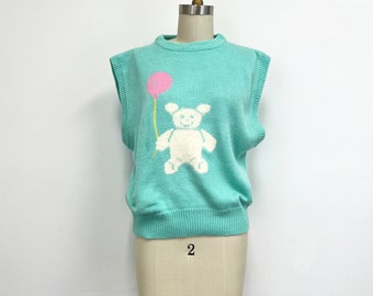 Vintage Sweater Vest with Teddy Bear and Balloon  | 1970s Novelty Sweater | Size Large