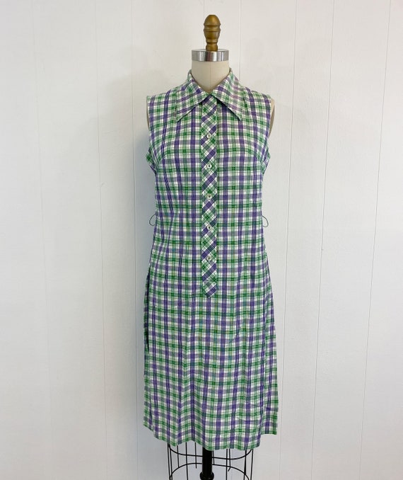 Vintage  Plaid Shirt Dress | 60s Sleeveless Belte… - image 6