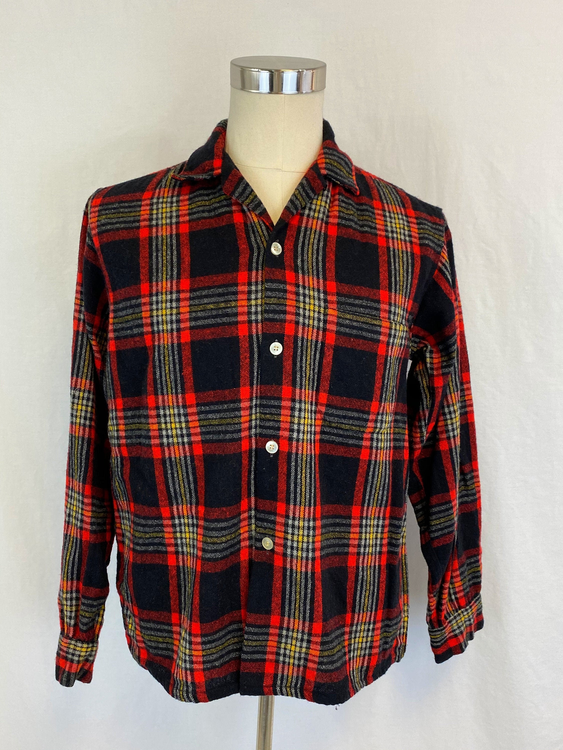 50s Men's Plaid Wool Shirt Vintage Long Sleeve Button | Etsy