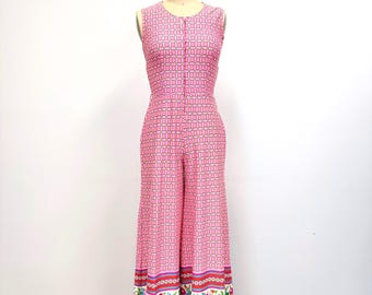 Vintage 60s Jumpsuit | Wide Leg Zip Front with Flowers | Pink and Green | Size Medium