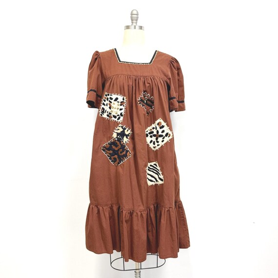 Vintage 80s Mumu With Pockets and Wood Bead Trim | Brown and Black