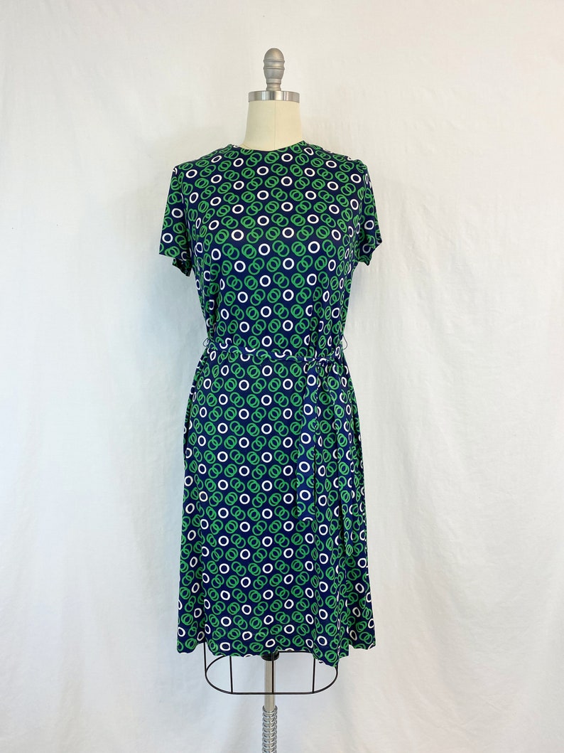 70s Shift Dress with Jacket Size Medium to Large Vintage Belted Dress in Navy Blue and Green