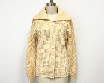 Vintage 60s Ecru Wool Cardigan Sweater | Collared Cardigan | Womens Size Medium