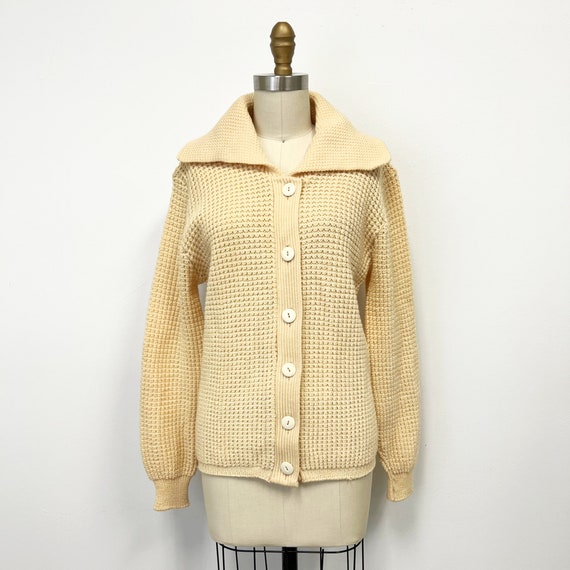 Vintage 60s Ecru Wool Cardigan Sweater | Collared… - image 1