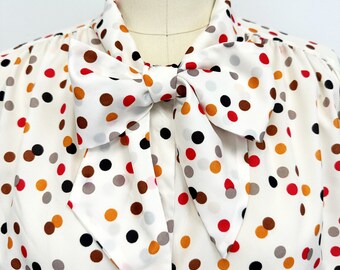 Vintage 1970s Pussy Bow Blouse | Polka Dot shirt with Tie Neck | Size Large