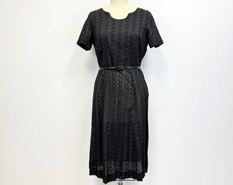 Vintage Black Eyelet Dress | 1950s Short Sleeve Dress | Size 12