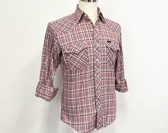 Vintage Mens Western Snap Front Shirt | 80s Plaid Wrangler Cowboy Cut Shirt | Size Medium