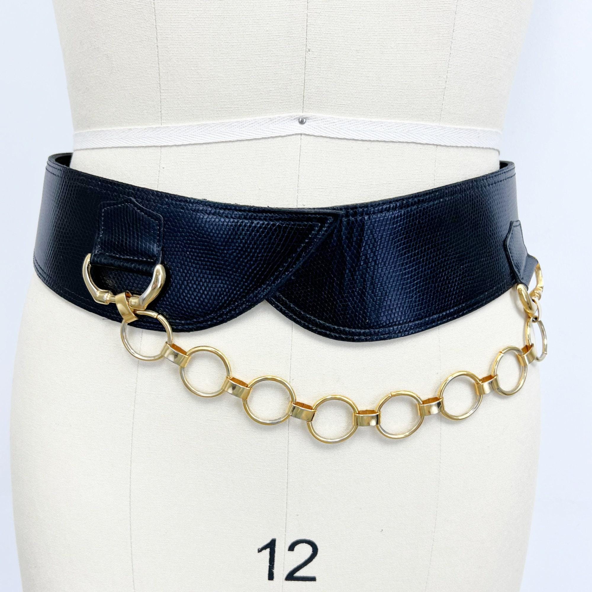 Vintage Gold Chain Belt with Black Leather Tassels | 1970s/80s Statement Belt 80s Gold Tone Metal Draped Chain Belt | Lariat Tassel Gold  main image 3