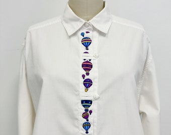 Vintage 80s Blouse Embroidered with Hot Air Balloons| Button and Loop Closure | Size 14