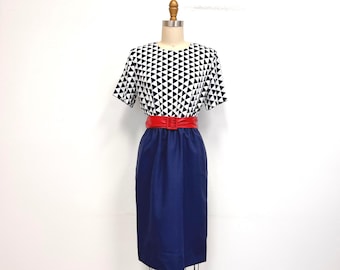 Vestido vintage de los 90 con bolsillos / Azul marino y blanco Willi of California / Talla 6