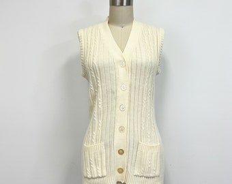 Vintage 60s Button Up Sweater Vest | Longer Ecru Sweater Vest with Pockets | Size Small to Medium