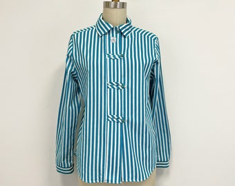 Vintage Vertical Stripe Blouse | 80s Button Down Shirt with Crested Shield and Button Loops | Teal and White | Size Small