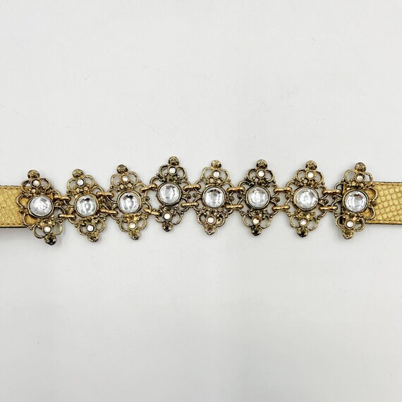Vintage Leather Statement Belt | 80s Gold and Rhinestones  display picture 2
