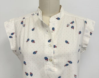 Vintage 70s  Blouse | Lady Bugs and Polka Dots  Short Sleeve | Size Medium