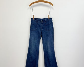 Vintage 1970s Big Yank Jeans | Womens Mid Rise Flares with Patch Pockets | Dark Blue Wash with Fade