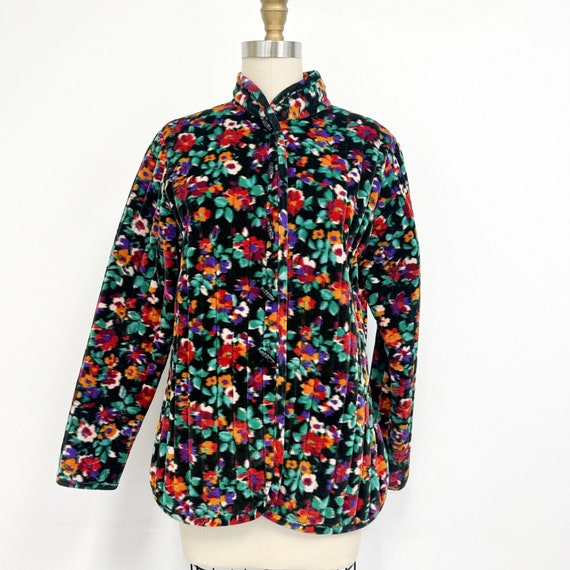 Vintage Quilted Jacket | 1970s Floral Velour with… - image 1