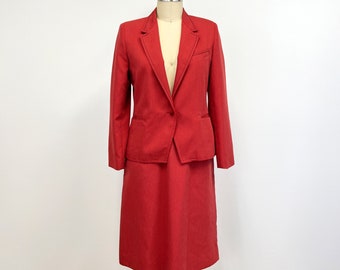 Vintage 70s Twill Skirt Suit | College Town Skirt and Blazer in Rust with Black Top Stitching | Size 11 \ 12