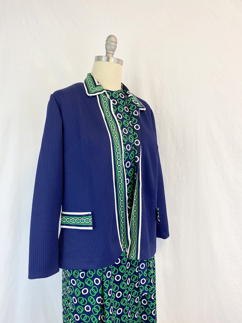 70s Shift Dress with Jacket Size Medium to Large Vintage Belted Dress in Navy Blue and Green