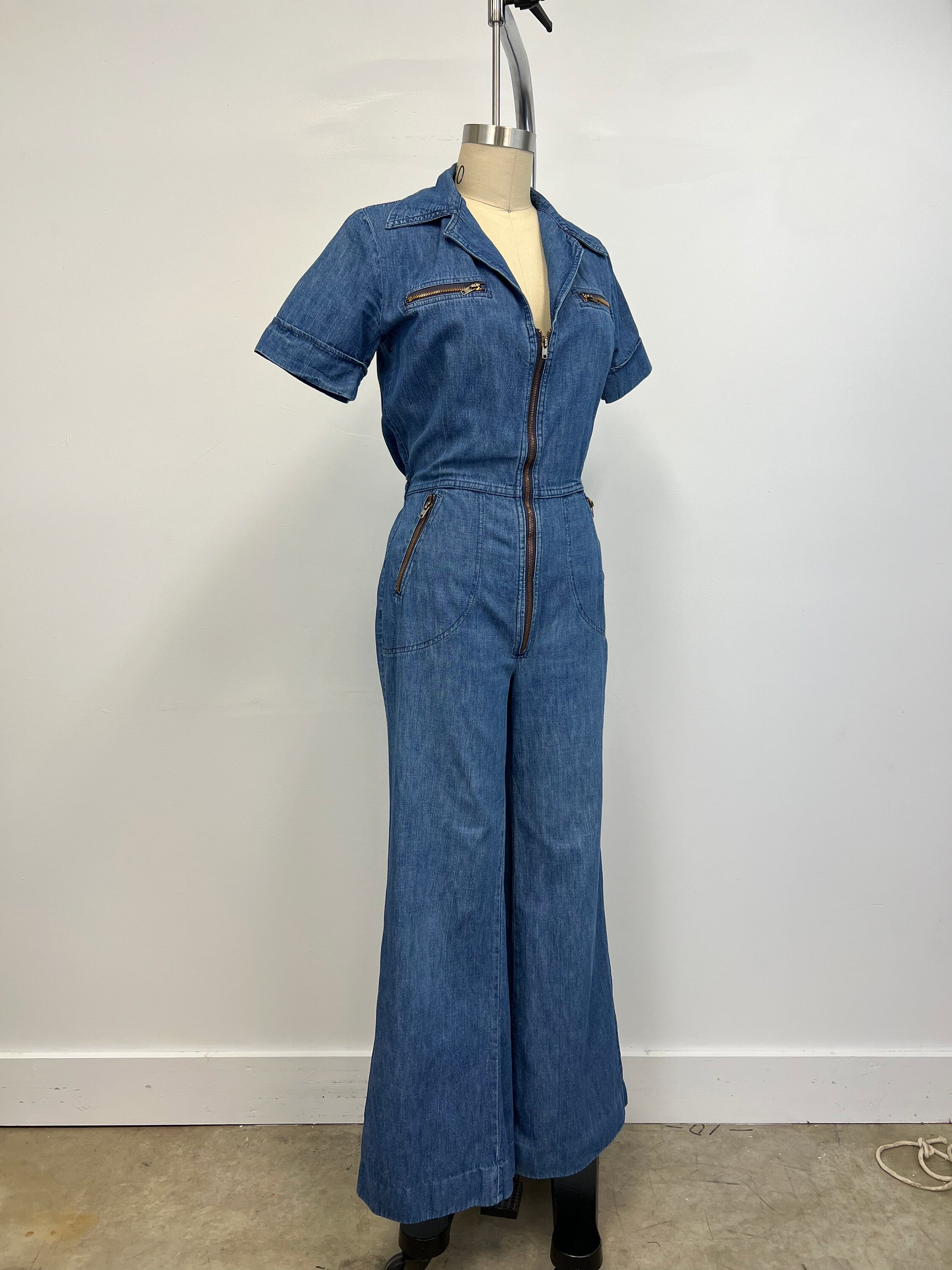 Vintage Denim Jumpsuit | 1970s Sexy Zippered Bell Bottom