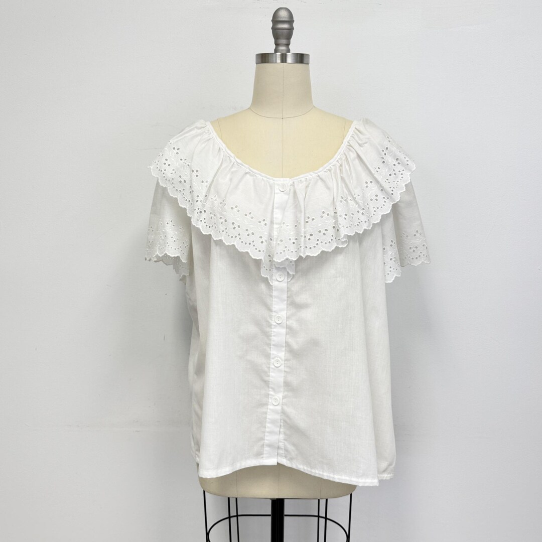 Vintage Blouse With Eyelet Ruffle Collar and Sleeves | 90s White Blouse ...
