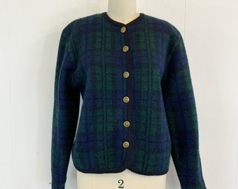 Vintage 80s Plaid Cardigan Sweater | Navy Blue and Green Tally Ho Sweater | Size Small